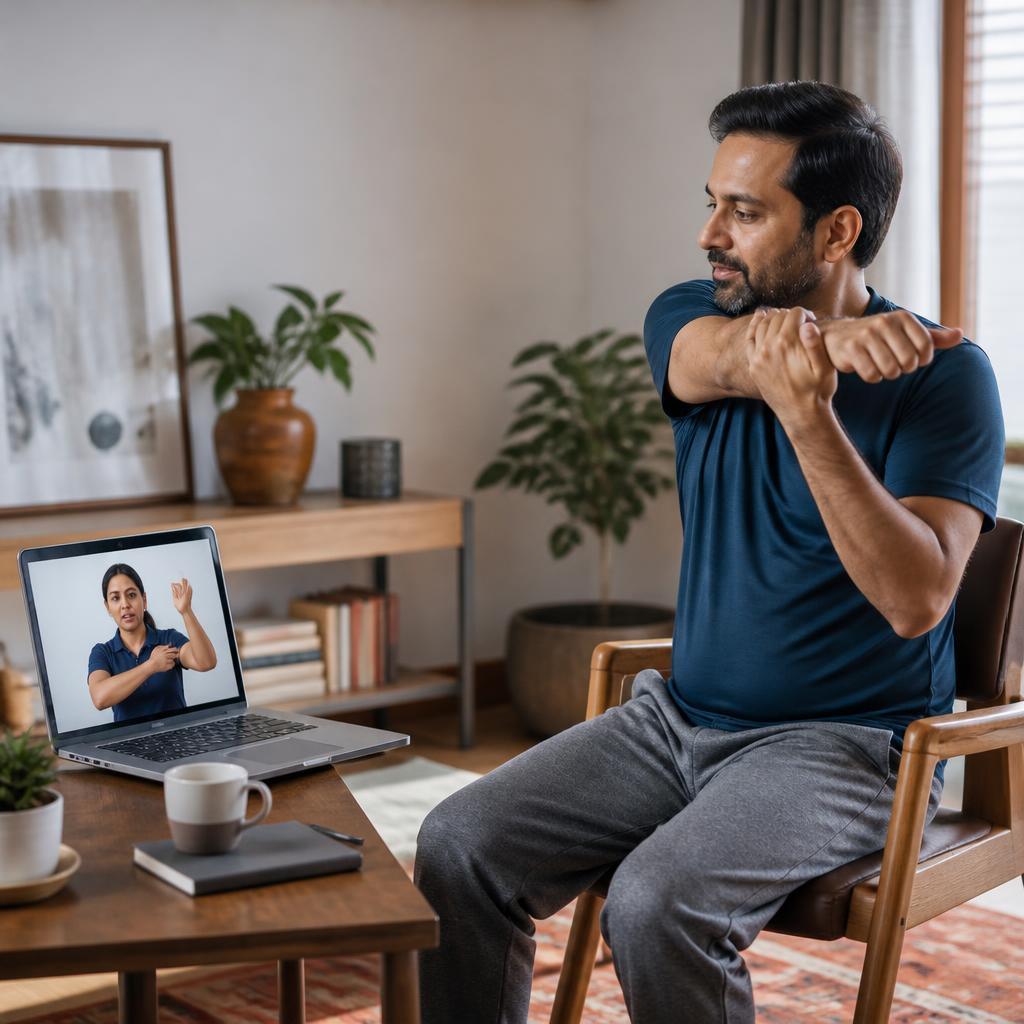 Adult patient demonstrating a movement during a physiotherapist video consultation at home