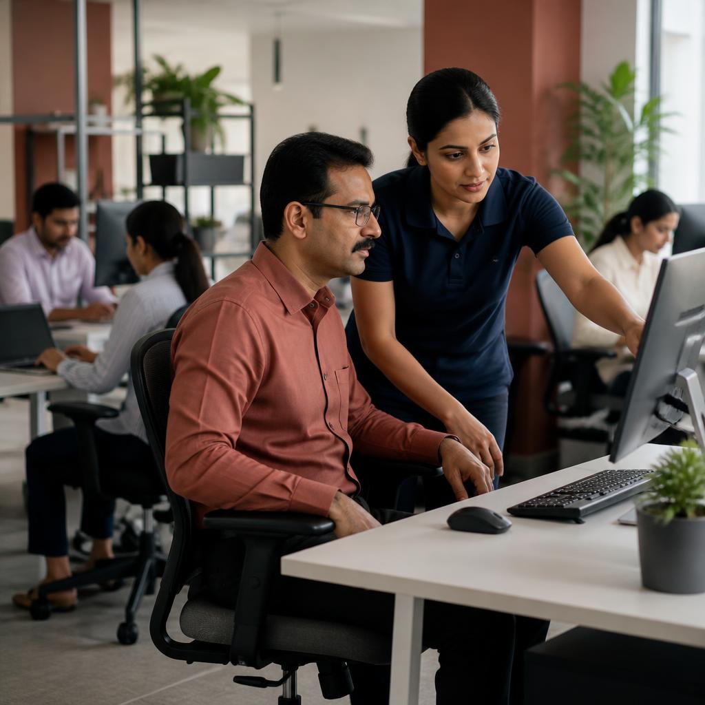 Workplace physiotherapist and employee reviewing a workstation in an office