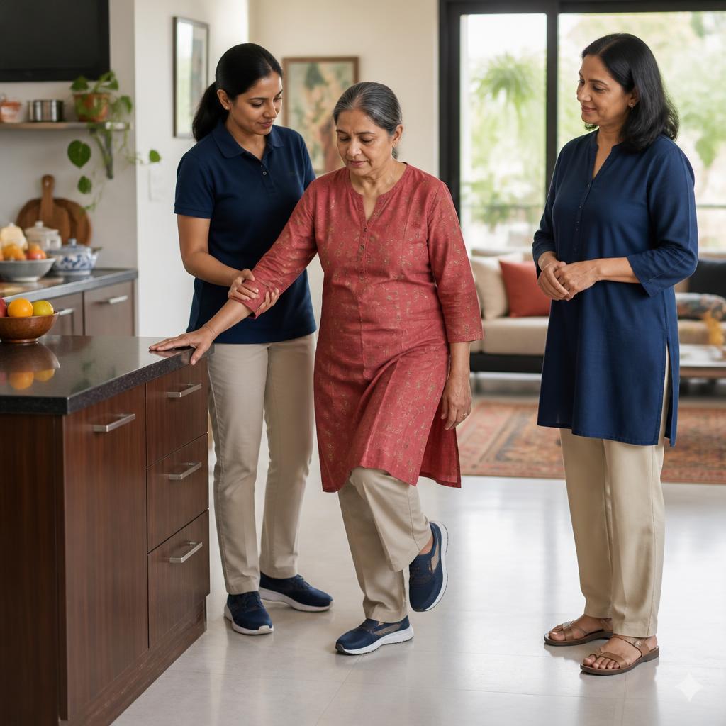 A physiotherapist supports an older woman practising balance beside a kitchen counter while a family caregiver observes.