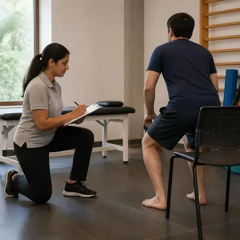 A physiotherapist records notes as a patient practises a movement during an assessment
