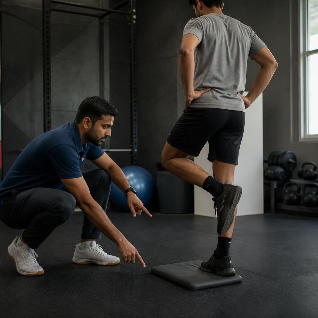A physiotherapist coaches a person through a step exercise in a gym