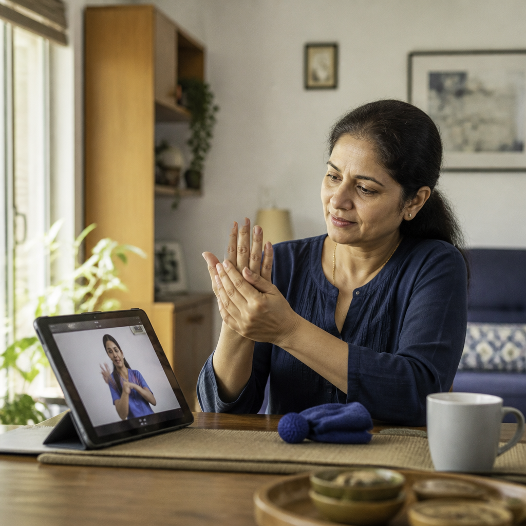 Person with rheumatoid arthritis discussing hand function during a home video consultation