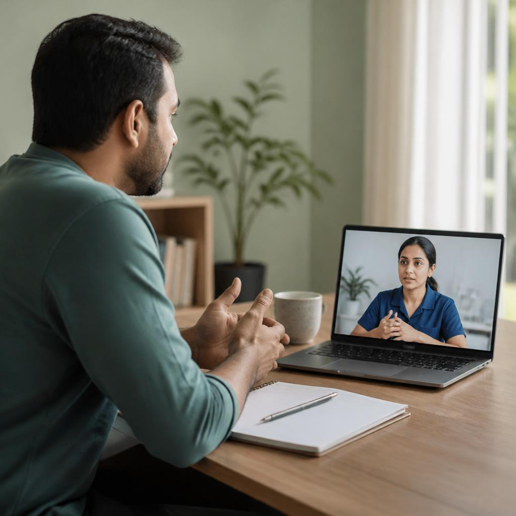 A patient and clinician discuss goals and next steps by video with a notebook nearby.