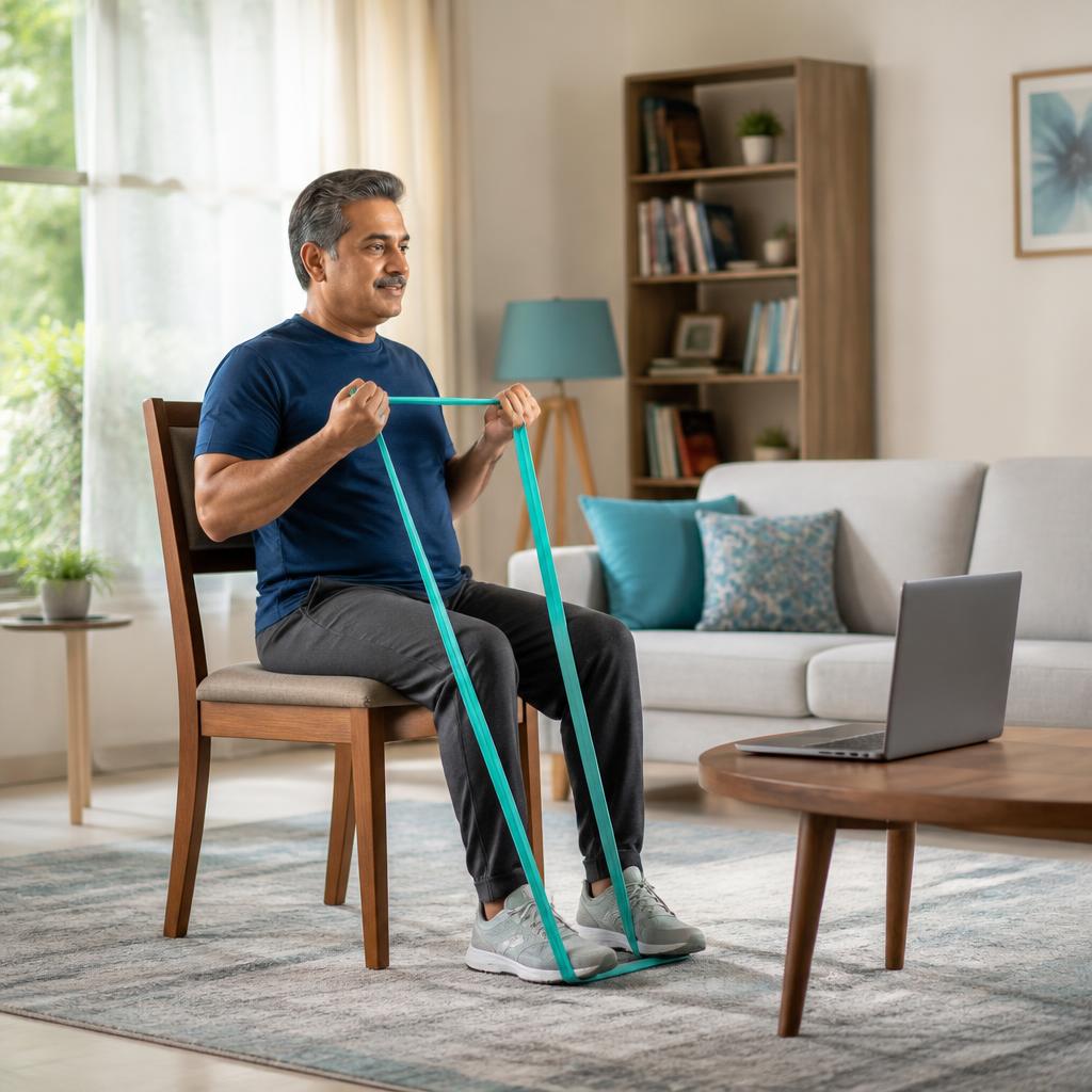 An adult performs a gentle seated resistance-band movement at home near a laptop.