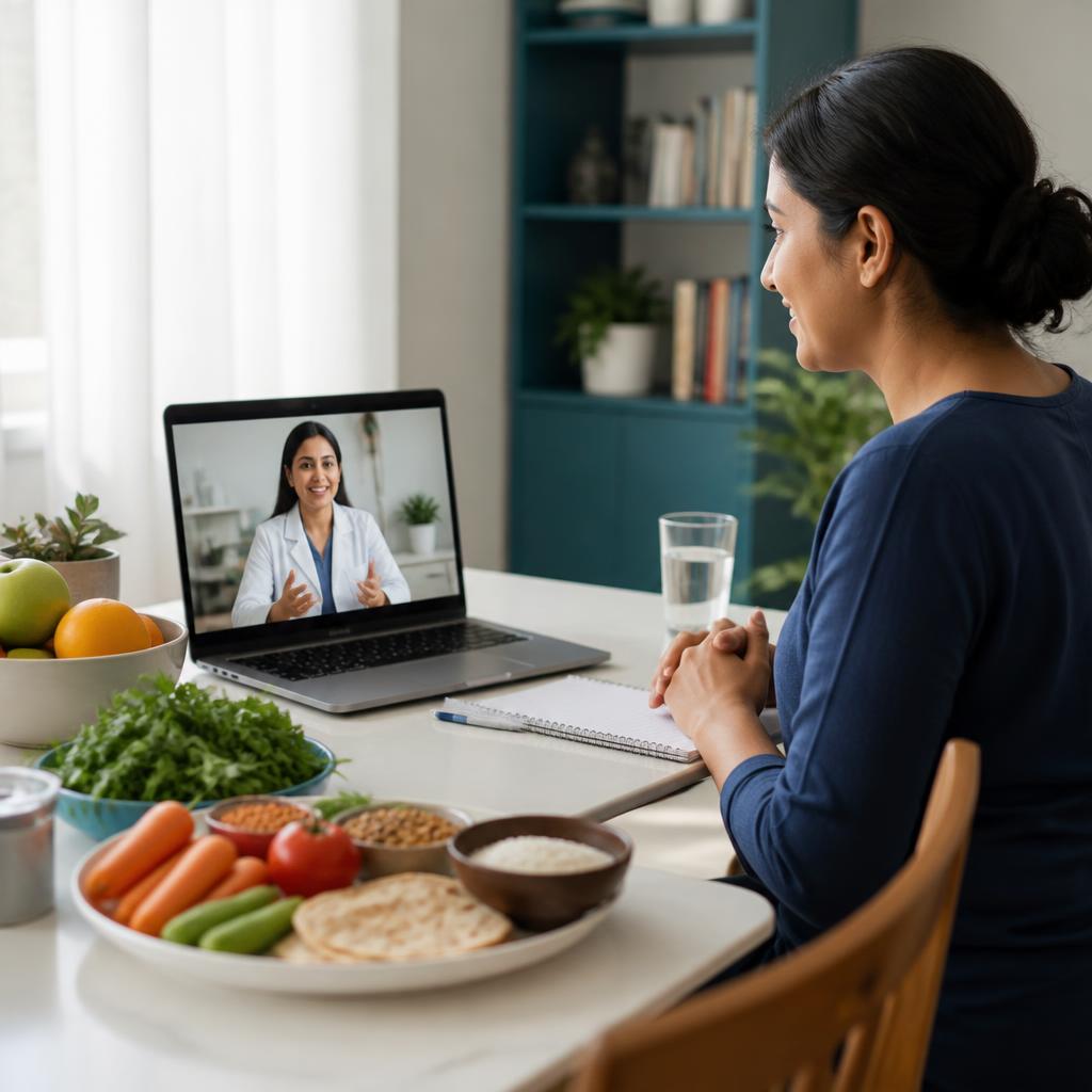 A woman speaks with a dietitian by video while discussing familiar foods and notes at home.