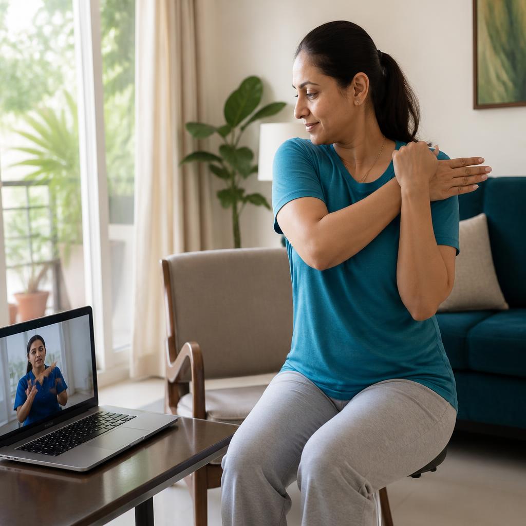 A woman discusses a comfortable shoulder movement with a physiotherapist by video.